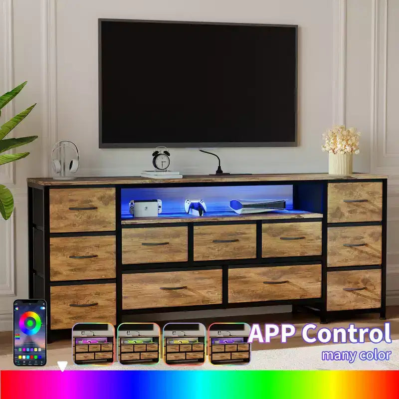 11 Drawer Dresser, TV Stand for 70 Inch TV, Entertainment Center with Storage, Chest of Drawers with Open Shelves for Living Room, Bedroom