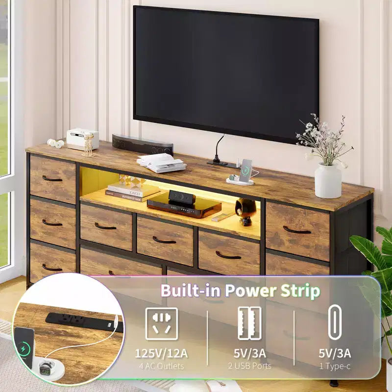 11 Drawer Dresser, TV Stand for 70 Inch TV, Entertainment Center with Storage, Chest of Drawers with Open Shelves for Living Room, Bedroom