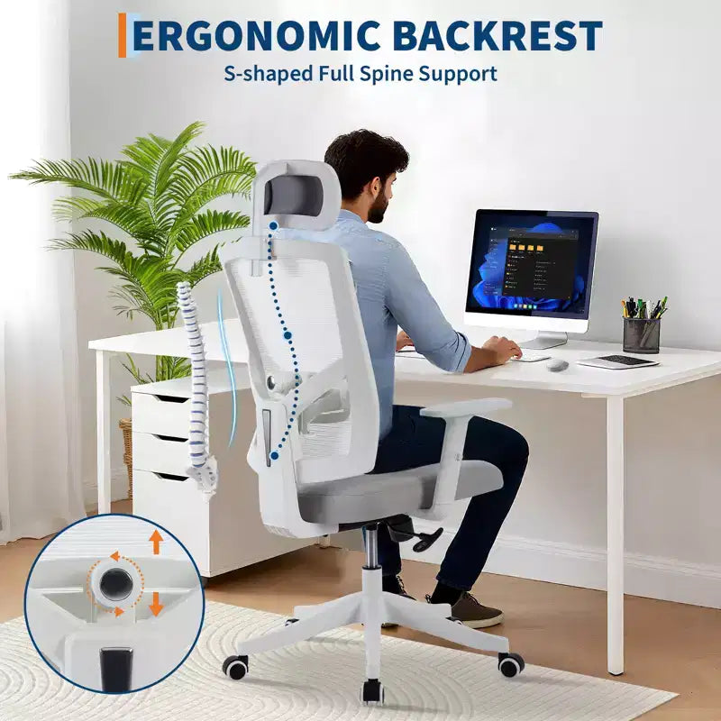 Ergonomic Reclining Office Chair  High Back Mesh Desk Chair with Adjustable Headrest, Full Lumbar Support, Home Office Chair, Gaming Chair