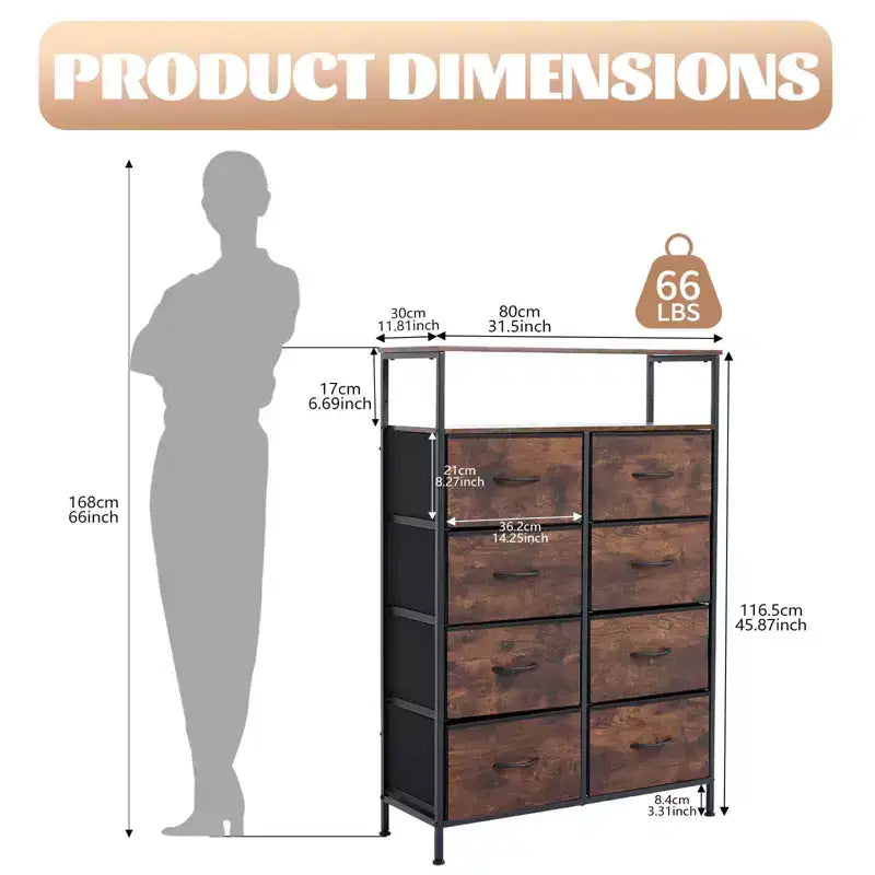 MAYEERTY 45.9-Inch 8-Drawer Fabric Dresser, Tall Storage Cabinet with Open Shelf for Bedroom Closet