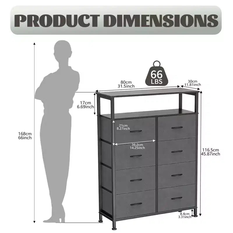 MAYEERTY 45.9-Inch 8-Drawer Fabric Dresser, Tall Storage Cabinet with Open Shelf for Bedroom Closet