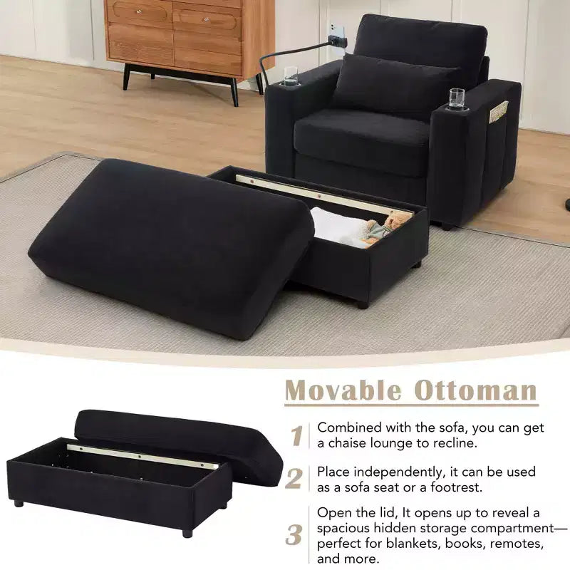 MAYEERTY Modern Style Armhair 42.5 Chaise Lounge Sofa with Movable Storage Ottoman Ports Two Cup Holders Side Pockets for Living Room Black