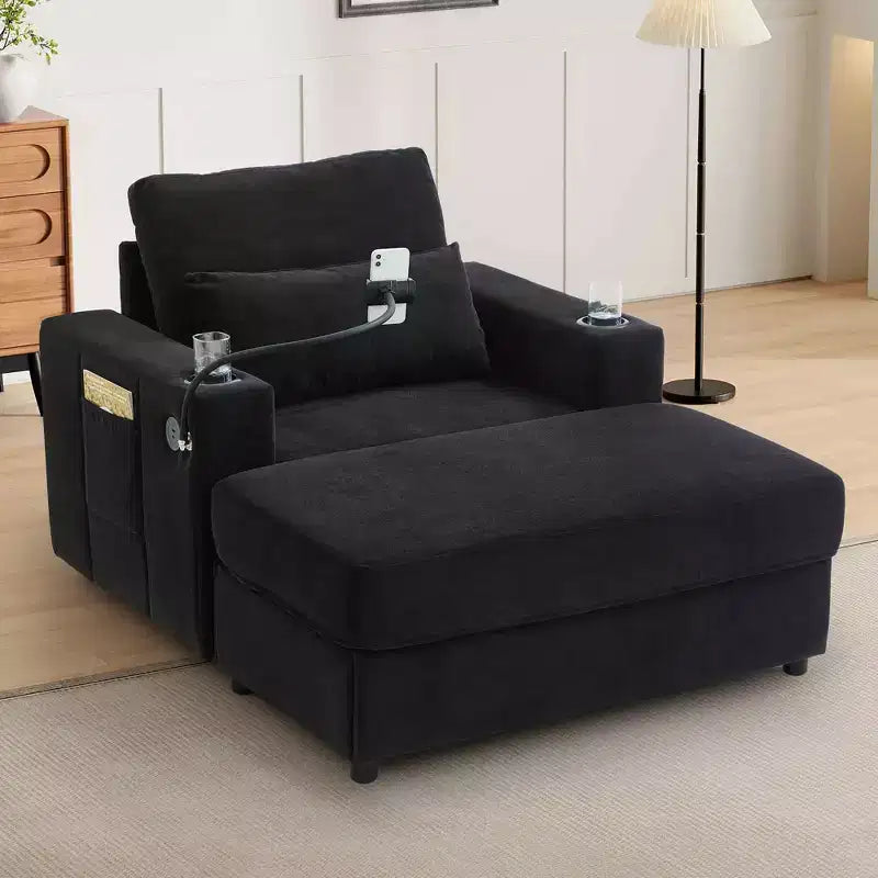 MAYEERTY Modern Style Armhair 42.5 Chaise Lounge Sofa with Movable Storage Ottoman Ports Two Cup Holders Side Pockets for Living Room Black