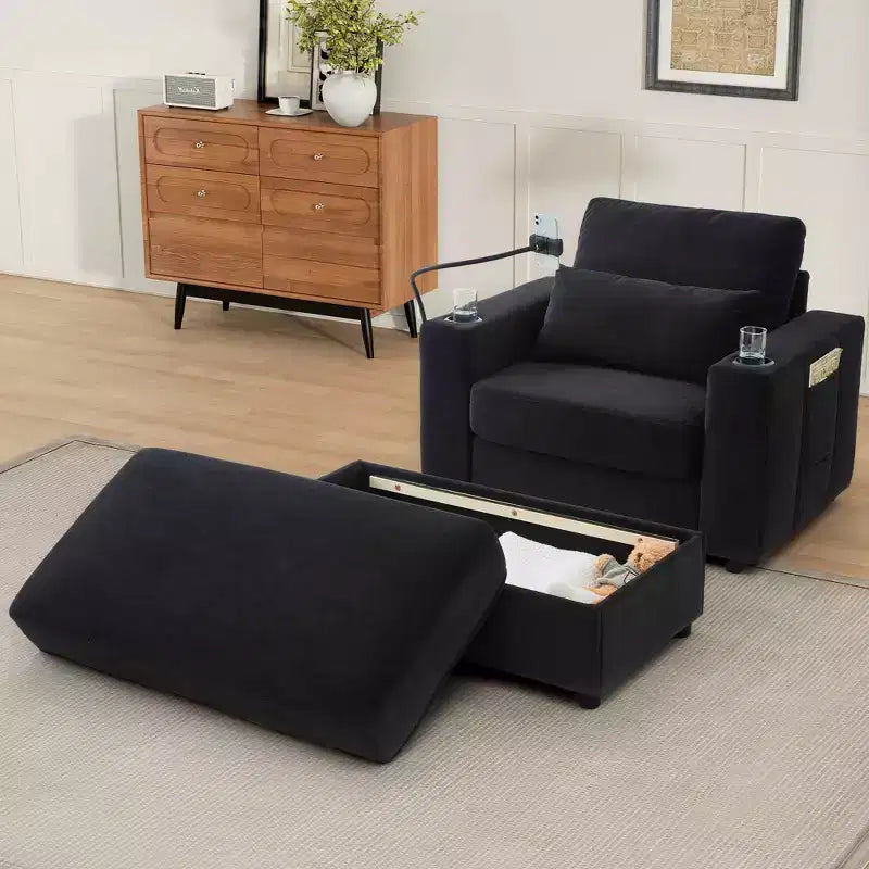 MAYEERTY Modern Style Armhair 42.5 Chaise Lounge Sofa with Movable Storage Ottoman Ports Two Cup Holders Side Pockets for Living Room Black