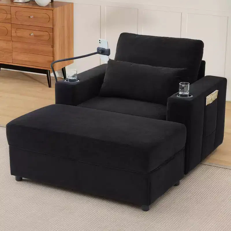 MAYEERTY Modern Style Armhair 42.5 Chaise Lounge Sofa with Movable Storage Ottoman Ports Two Cup Holders Side Pockets for Living Room Black