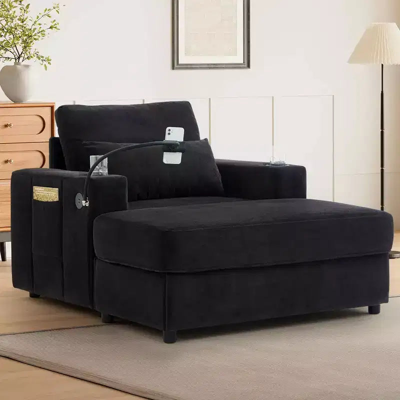 MAYEERTY Modern Style Armhair 42.5 Chaise Lounge Sofa with Movable Storage Ottoman Ports Two Cup Holders Side Pockets for Living Room Black