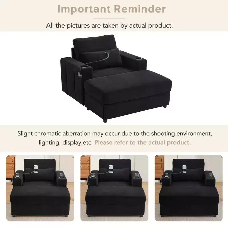 MAYEERTY Modern Style Armhair 42.5 Chaise Lounge Sofa with Movable Storage Ottoman Ports Two Cup Holders Side Pockets for Living Room Black