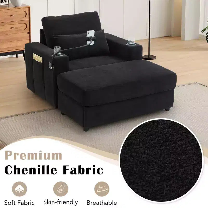 MAYEERTY Modern Style Armhair 42.5 Chaise Lounge Sofa with Movable Storage Ottoman Ports Two Cup Holders Side Pockets for Living Room Black