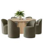 Round Dining Table Set For 6, Upholstered Barrel Dining Chairs With Castors, Linen Blend Fabric, Curved Back Support - Panipeachy