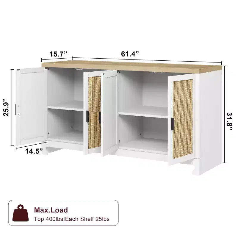 GustoWave Rattan Accent Storage Cabinet with 4 Doors and Shelf - Modern Console Coffee Bar Cabinet for Dining Room, Kitchen, Living Room