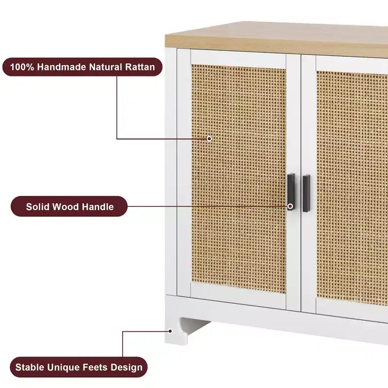 GustoWave Rattan Accent Storage Cabinet with 4 Doors and Shelf - Modern Console Coffee Bar Cabinet for Dining Room, Kitchen, Living Room