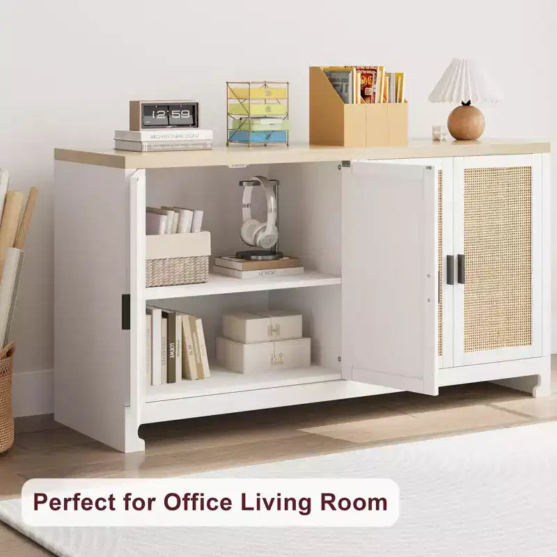 GustoWave Rattan Accent Storage Cabinet with 4 Doors and Shelf - Modern Console Coffee Bar Cabinet for Dining Room, Kitchen, Living Room