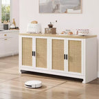 GustoWave Rattan Accent Storage Cabinet with 4 Doors and Shelf - Modern Console Coffee Bar Cabinet for Dining Room, Kitchen, Living Room