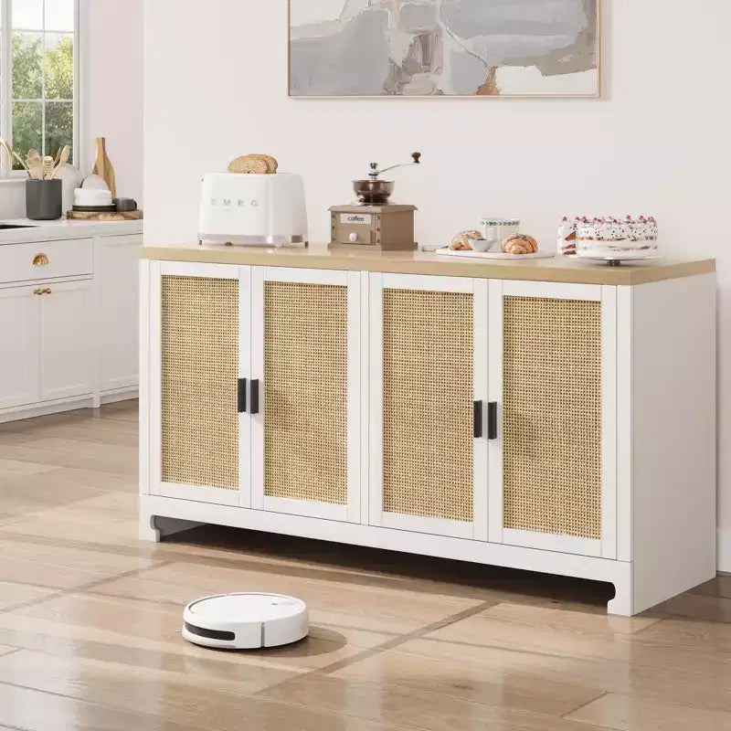 GustoWave Rattan Accent Storage Cabinet with 4 Doors and Shelf - Modern Console Coffee Bar Cabinet for Dining Room, Kitchen, Living Room