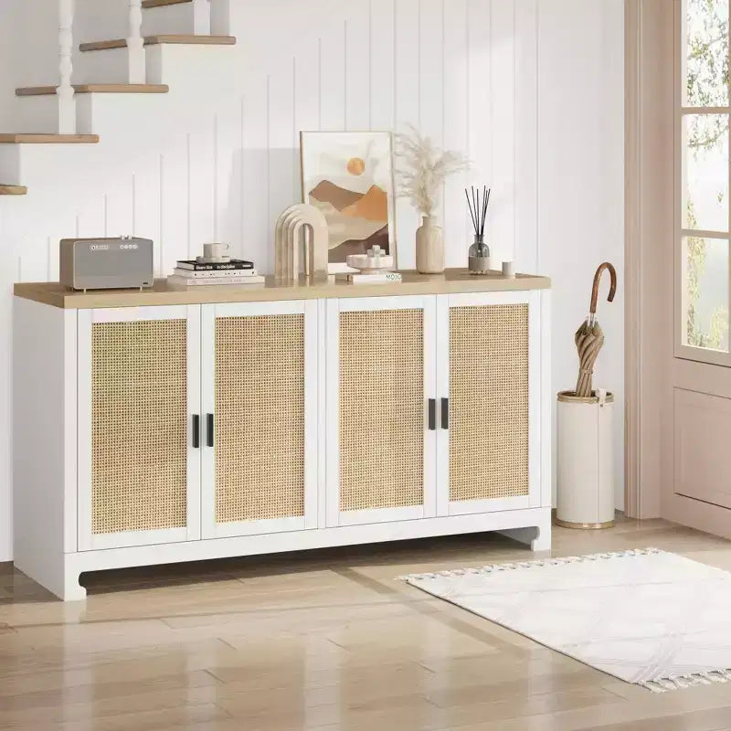 GustoWave Rattan Accent Storage Cabinet with 4 Doors and Shelf - Modern Console Coffee Bar Cabinet for Dining Room, Kitchen, Living Room