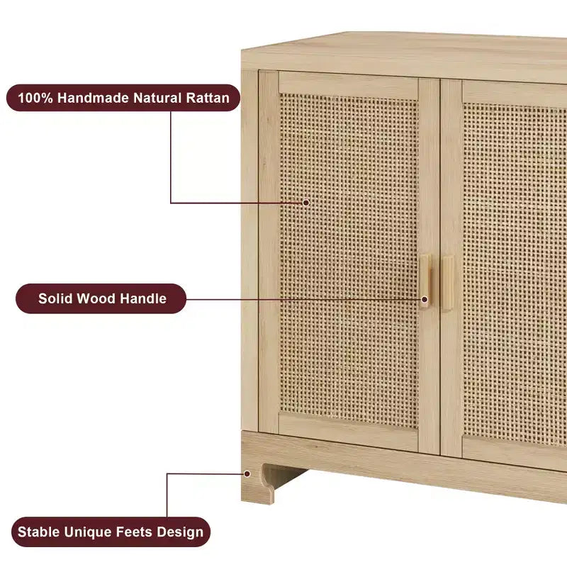 GustoWave Rattan Accent Storage Cabinet with 4 Doors and Shelf - Modern Console Coffee Bar Cabinet for Dining Room, Kitchen, Living Room