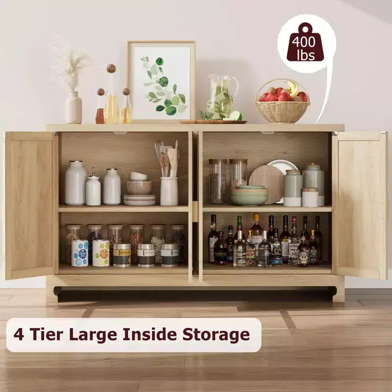 GustoWave Rattan Accent Storage Cabinet with 4 Doors and Shelf - Modern Console Coffee Bar Cabinet for Dining Room, Kitchen, Living Room