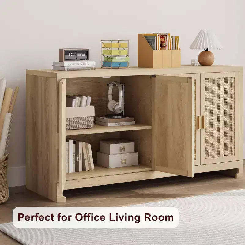 GustoWave Rattan Accent Storage Cabinet with 4 Doors and Shelf - Modern Console Coffee Bar Cabinet for Dining Room, Kitchen, Living Room
