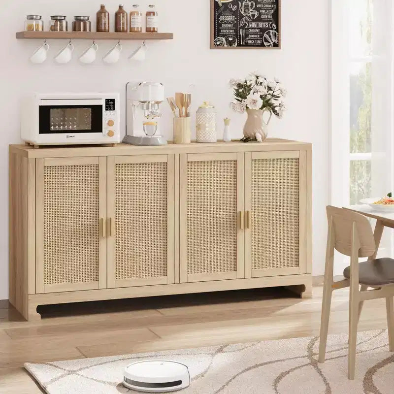 GustoWave Rattan Accent Storage Cabinet with 4 Doors and Shelf - Modern Console Coffee Bar Cabinet for Dining Room, Kitchen, Living Room
