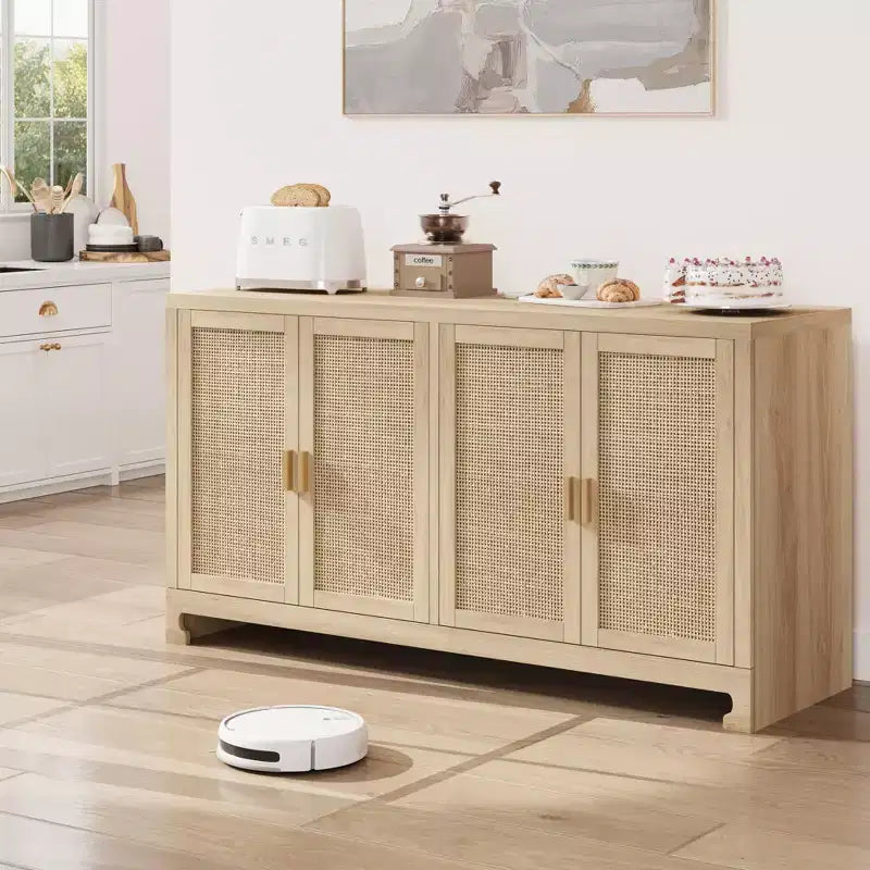 GustoWave Rattan Accent Storage Cabinet with 4 Doors and Shelf - Modern Console Coffee Bar Cabinet for Dining Room, Kitchen, Living Room