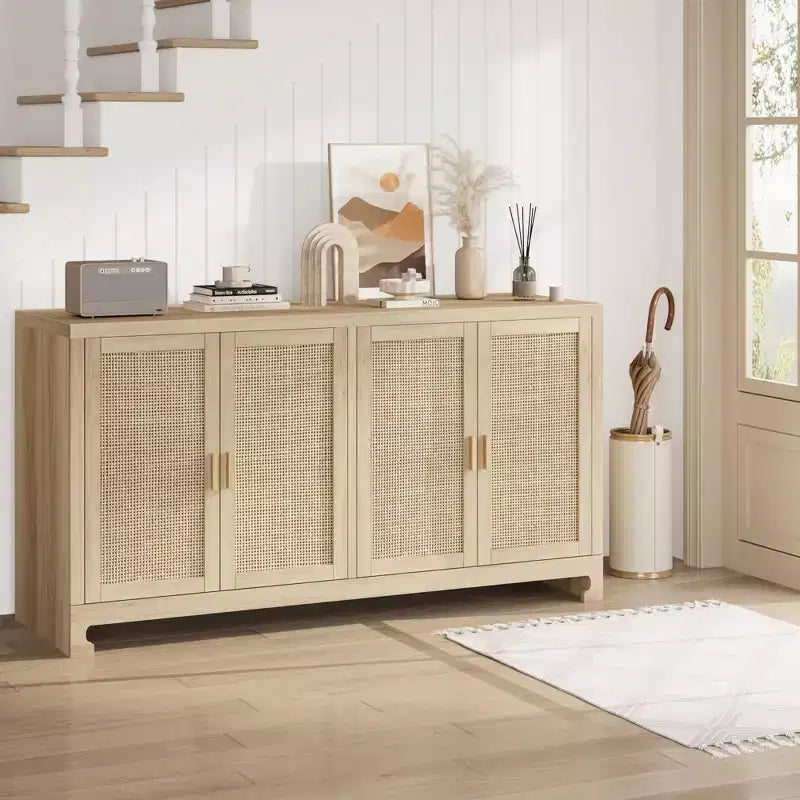 GustoWave Rattan Accent Storage Cabinet with 4 Doors and Shelf - Modern Console Coffee Bar Cabinet for Dining Room, Kitchen, Living Room