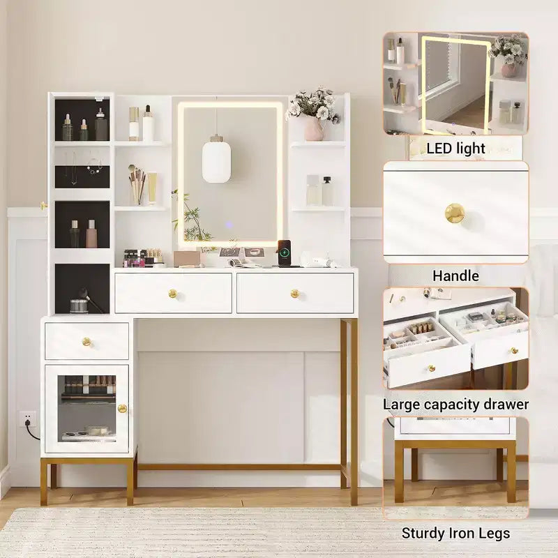 Makeup Vanity, 3 Lighting Modes Vanity Desk with Soft Cushioned Stool, Modern Dressing Table with 3 Drawers & Cabinet & Open Shelves