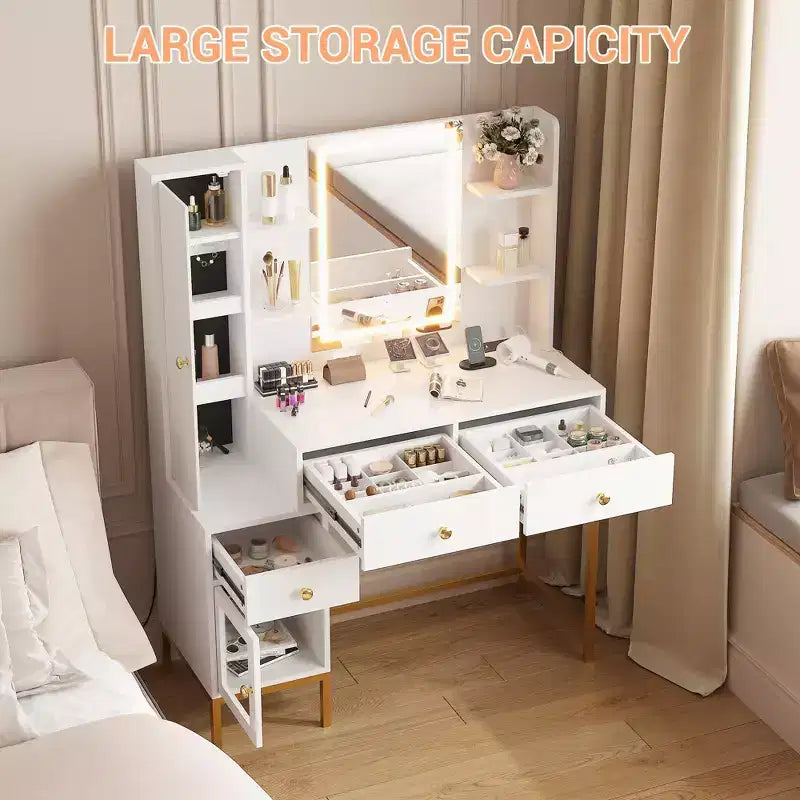 Makeup Vanity, 3 Lighting Modes Vanity Desk with Soft Cushioned Stool, Modern Dressing Table with 3 Drawers & Cabinet & Open Shelves