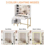 Makeup Vanity, 3 Lighting Modes Vanity Desk with Soft Cushioned Stool, Modern Dressing Table with 3 Drawers & Cabinet & Open Shelves