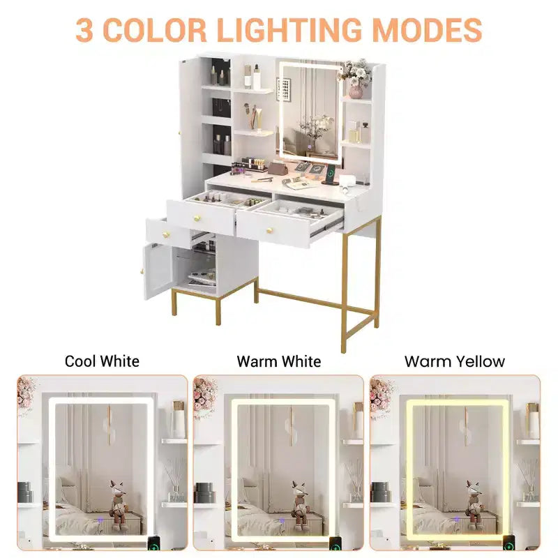Makeup Vanity, 3 Lighting Modes Vanity Desk with Soft Cushioned Stool, Modern Dressing Table with 3 Drawers & Cabinet & Open Shelves