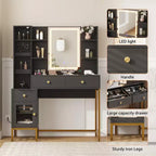 Makeup Vanity, 3 Lighting Modes Vanity Desk with Soft Cushioned Stool, Modern Dressing Table with 3 Drawers & Cabinet & Open Shelves