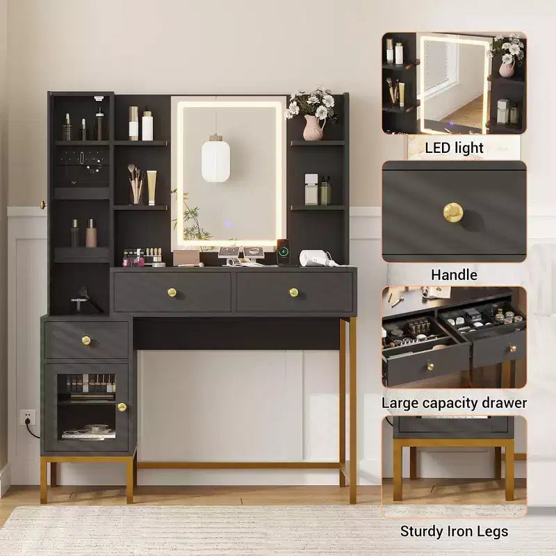 Makeup Vanity, 3 Lighting Modes Vanity Desk with Soft Cushioned Stool, Modern Dressing Table with 3 Drawers & Cabinet & Open Shelves