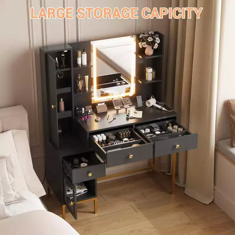 Makeup Vanity, 3 Lighting Modes Vanity Desk with Soft Cushioned Stool, Modern Dressing Table with 3 Drawers & Cabinet & Open Shelves