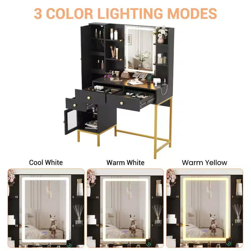 Makeup Vanity, 3 Lighting Modes Vanity Desk with Soft Cushioned Stool, Modern Dressing Table with 3 Drawers & Cabinet & Open Shelves