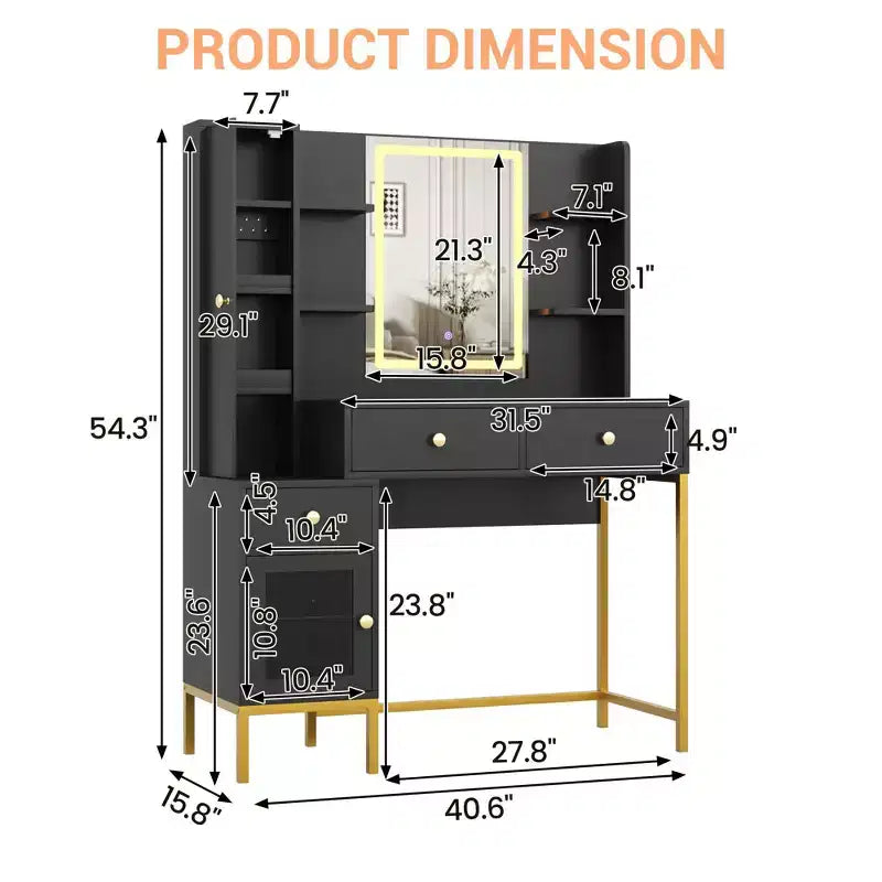 Makeup Vanity, 3 Lighting Modes Vanity Desk with Soft Cushioned Stool, Modern Dressing Table with 3 Drawers & Cabinet & Open Shelves