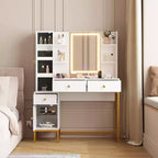 Makeup Vanity, 3 Lighting Modes Vanity Desk with Soft Cushioned Stool, Modern Dressing Table with 3 Drawers & Cabinet & Open Shelves
