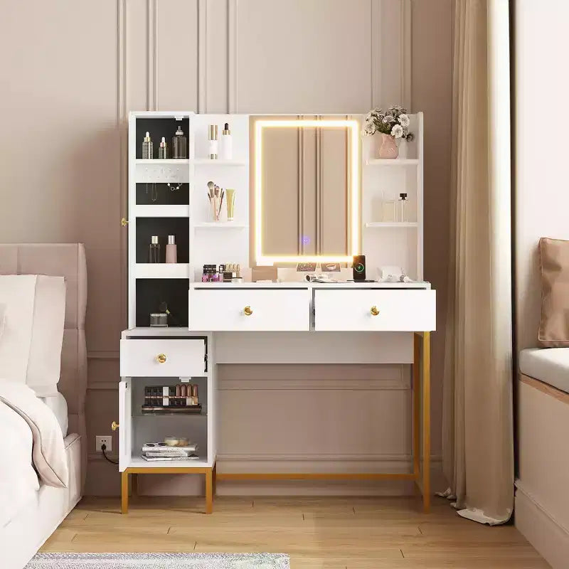 Makeup Vanity, 3 Lighting Modes Vanity Desk with Soft Cushioned Stool, Modern Dressing Table with 3 Drawers & Cabinet & Open Shelves