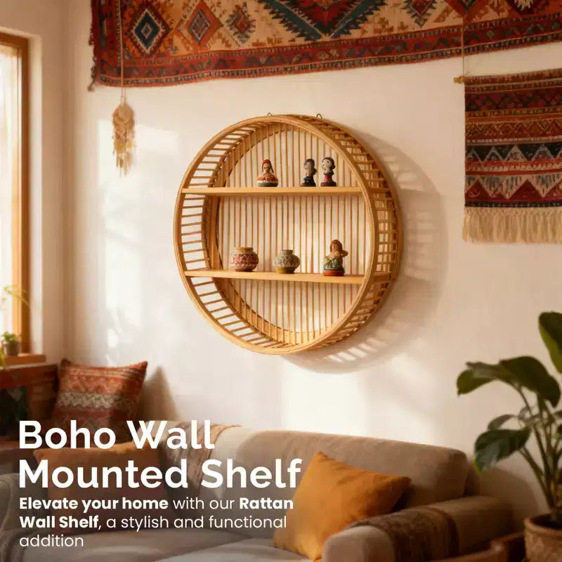 Vintiquewise Round Bamboo Wall Shelf with 2 Wooden Tiers  Natural Hanging Wall Decor & Floating Display Rack for Home, Living Room, Office