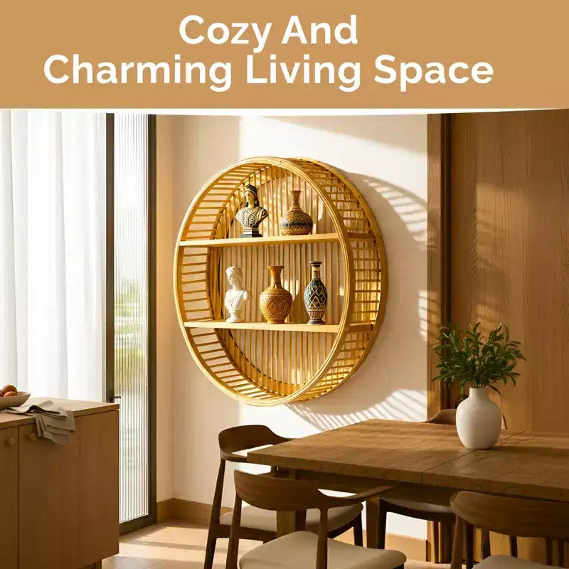 Vintiquewise Round Bamboo Wall Shelf with 2 Wooden Tiers  Natural Hanging Wall Decor & Floating Display Rack for Home, Living Room, Office