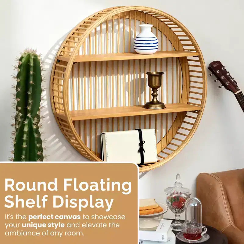 Vintiquewise Round Bamboo Wall Shelf with 2 Wooden Tiers  Natural Hanging Wall Decor & Floating Display Rack for Home, Living Room, Office