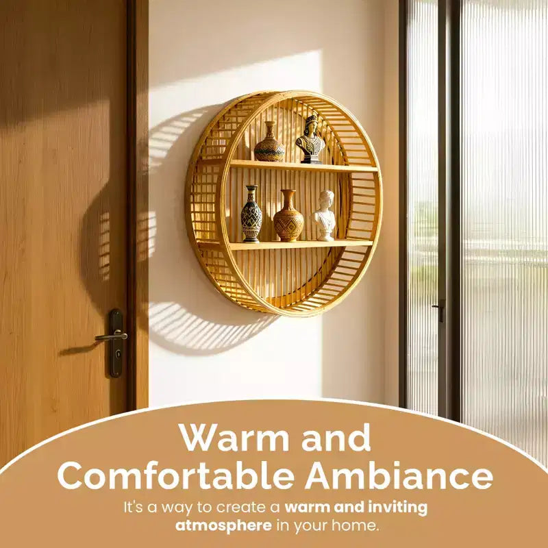 Vintiquewise Round Bamboo Wall Shelf with 2 Wooden Tiers  Natural Hanging Wall Decor & Floating Display Rack for Home, Living Room, Office