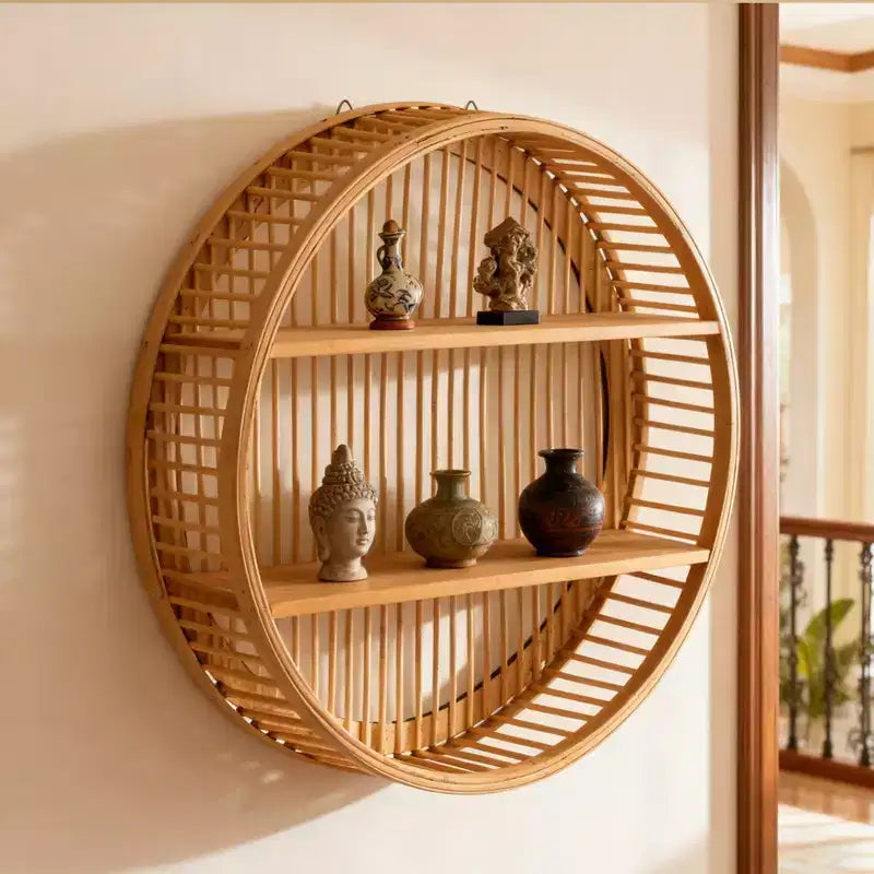 Vintiquewise Round Bamboo Wall Shelf with 2 Wooden Tiers  Natural Hanging Wall Decor & Floating Display Rack for Home, Living Room, Office