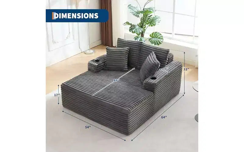 64 Oversized Chaise Lounge Chair - Corduroy Upholstered Boneless Sofa Bed with Throw Pillows & Cup Holders, Comfy Deep Seat Sleeper Couch