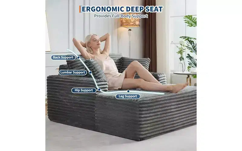 64 Oversized Chaise Lounge Chair - Corduroy Upholstered Boneless Sofa Bed with Throw Pillows & Cup Holders, Comfy Deep Seat Sleeper Couch