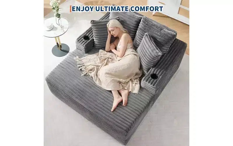 64 Oversized Chaise Lounge Chair - Corduroy Upholstered Boneless Sofa Bed with Throw Pillows & Cup Holders, Comfy Deep Seat Sleeper Couch