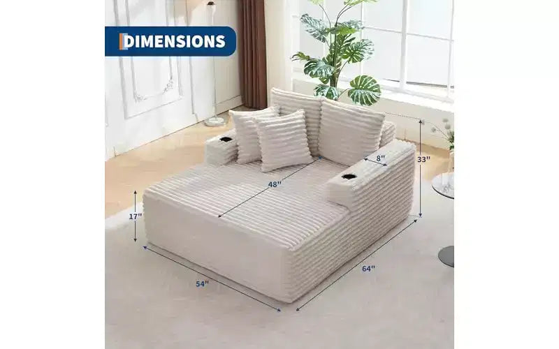64 Oversized Chaise Lounge Chair - Corduroy Upholstered Boneless Sofa Bed with Throw Pillows & Cup Holders, Comfy Deep Seat Sleeper Couch