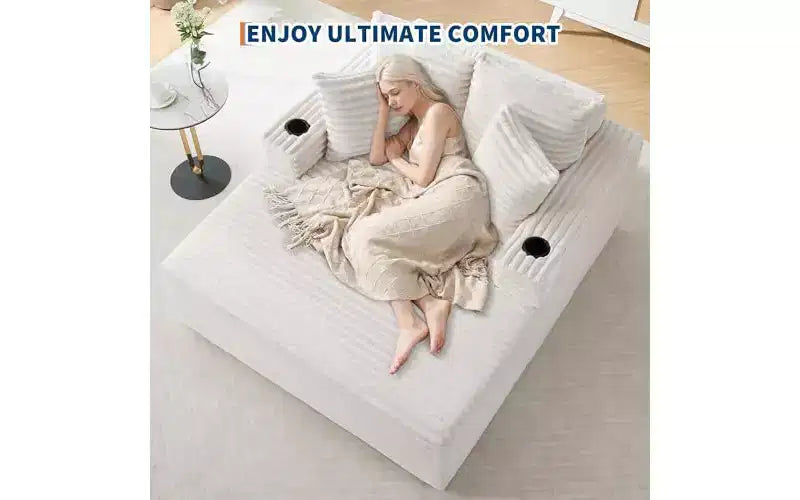 64 Oversized Chaise Lounge Chair - Corduroy Upholstered Boneless Sofa Bed with Throw Pillows & Cup Holders, Comfy Deep Seat Sleeper Couch