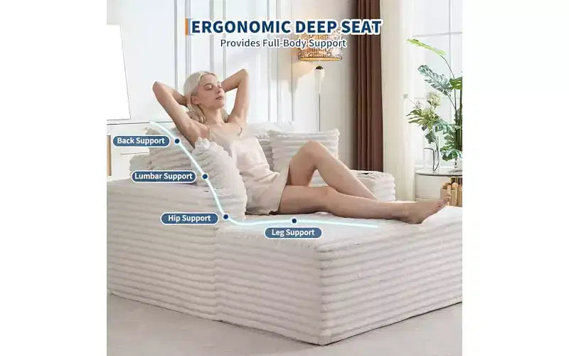 64 Oversized Chaise Lounge Chair - Corduroy Upholstered Boneless Sofa Bed with Throw Pillows & Cup Holders, Comfy Deep Seat Sleeper Couch