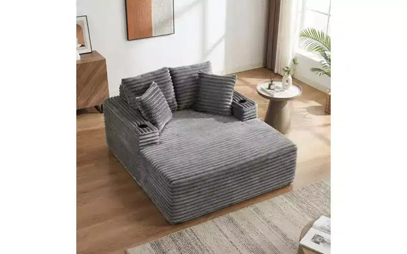 64 Oversized Chaise Lounge Chair - Corduroy Upholstered Boneless Sofa Bed with Throw Pillows & Cup Holders, Comfy Deep Seat Sleeper Couch