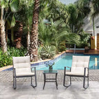Celebalcony 3 Piece Outdoor Rocking Chair Set, Front Porch PE Wicker Rattan Small Bistro Set,Cushioned Patio Rocker Chair Set with Glass Table (Beige)