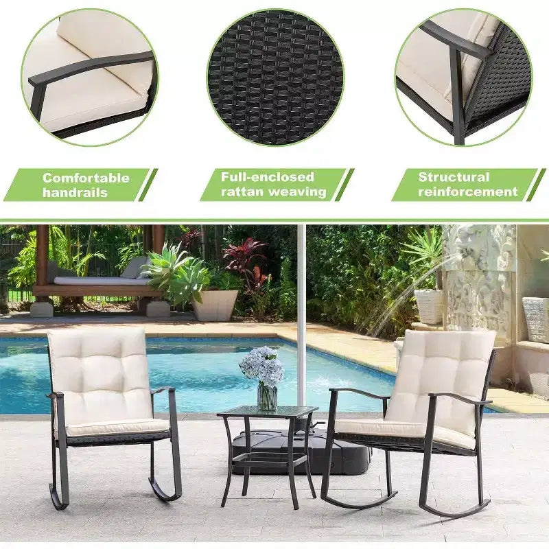 Celebalcony 3 Piece Outdoor Rocking Chair Set, Front Porch PE Wicker Rattan Small Bistro Set,Cushioned Patio Rocker Chair Set with Glass Table (Beige)